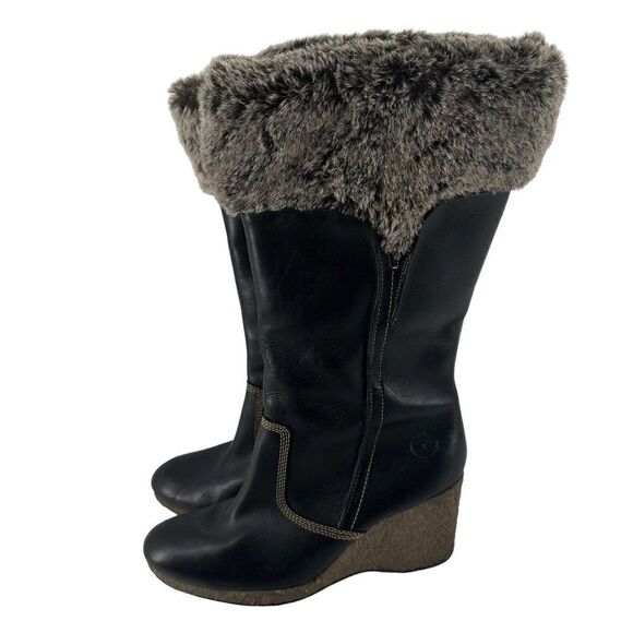 Timberland Monogram Tall Boots Faux Fur Lined Black Leather Size 9 Wedge Heel - Picture 13 of 13